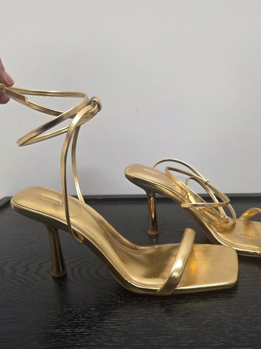 Zara Gold Strappy Lace-Up Heeled Sandals | Size 6.5